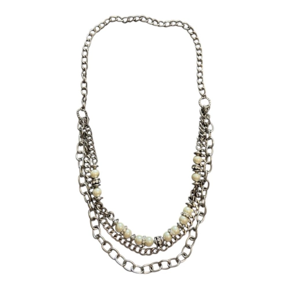 Chain and Beaded Long Silver Necklace